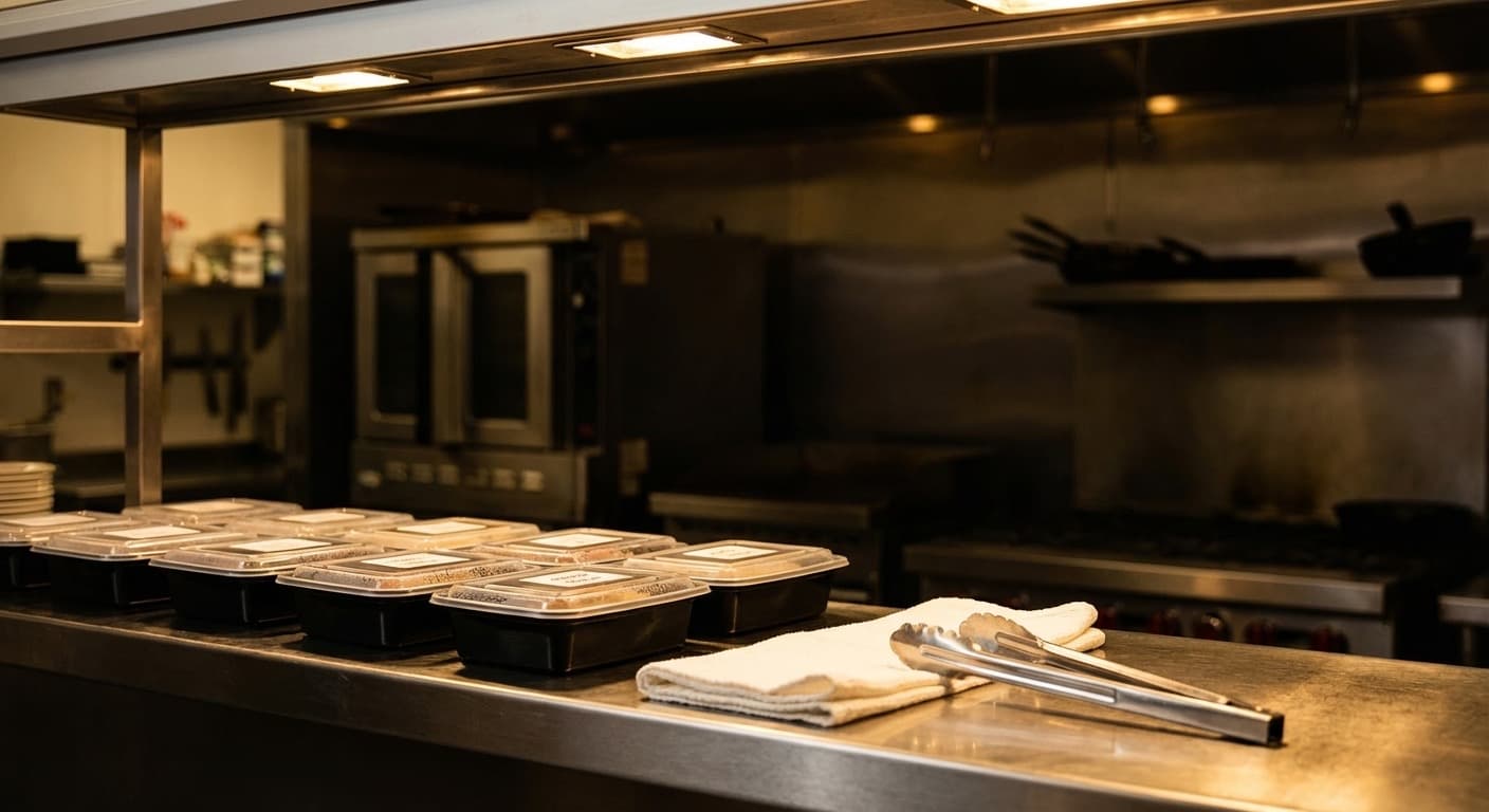 ABLTY kitchen pass at end of service — sealed meal containers lined up, folded towel, tongs resting on stainless steel