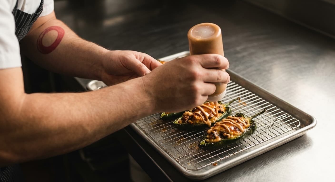 Chef hands drizzling sauce over stuffed peppers on a wire rack in commercial kitchen