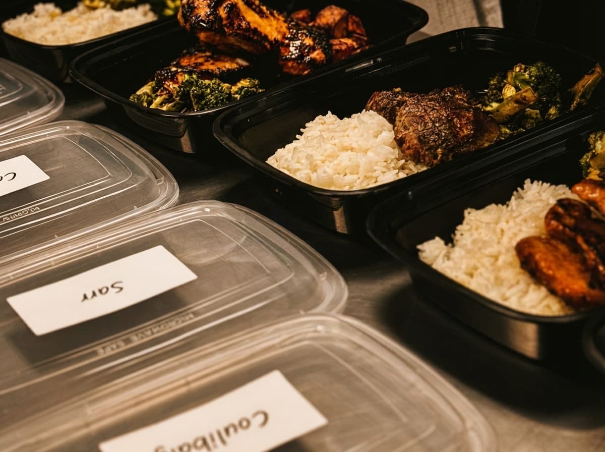 Labeled meal containers with athlete names on stainless steel prep table