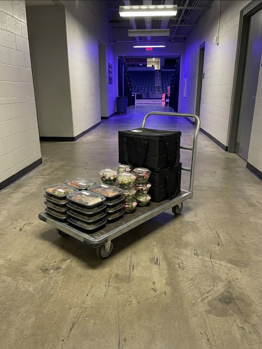 Meal containers and delivery bags on a rolling cart in a collegiate arena hallway