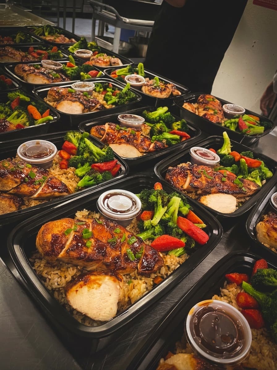 Rows of individually portioned chicken, broccoli, and rice lunches on the ABLTY stainless steel prep line