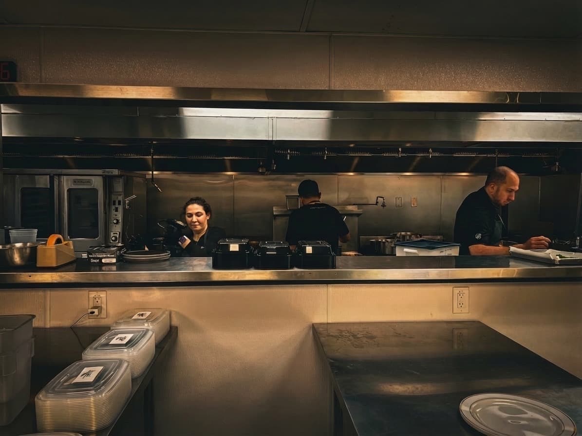 ABLTY kitchen service line with three chefs working at the pass