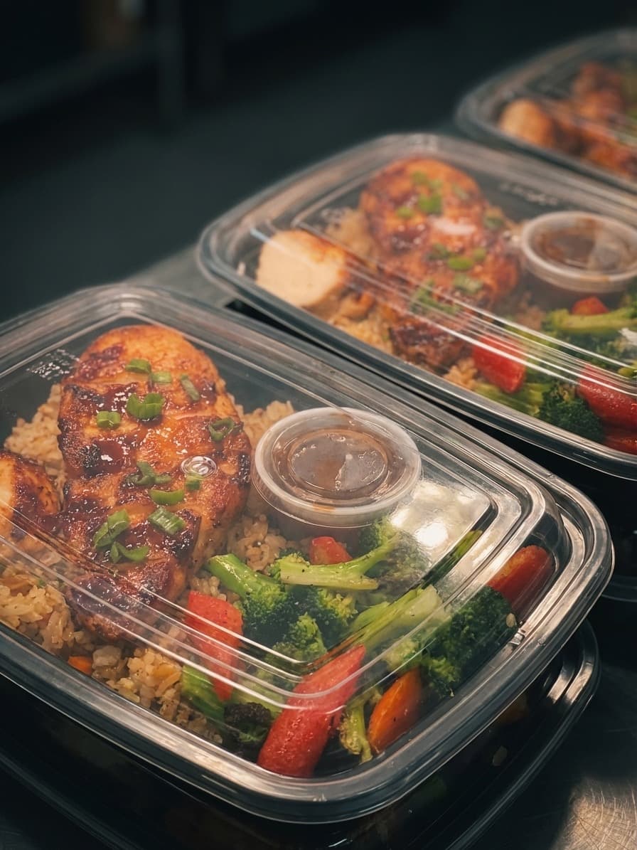 Sealed meal containers with chicken, broccoli, and rice ready for delivery