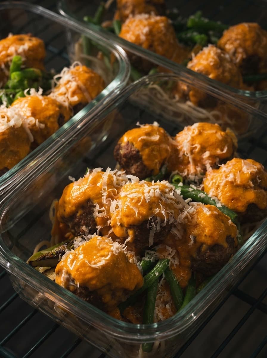 Glass containers with portioned meatballs, green beans, and parmesan